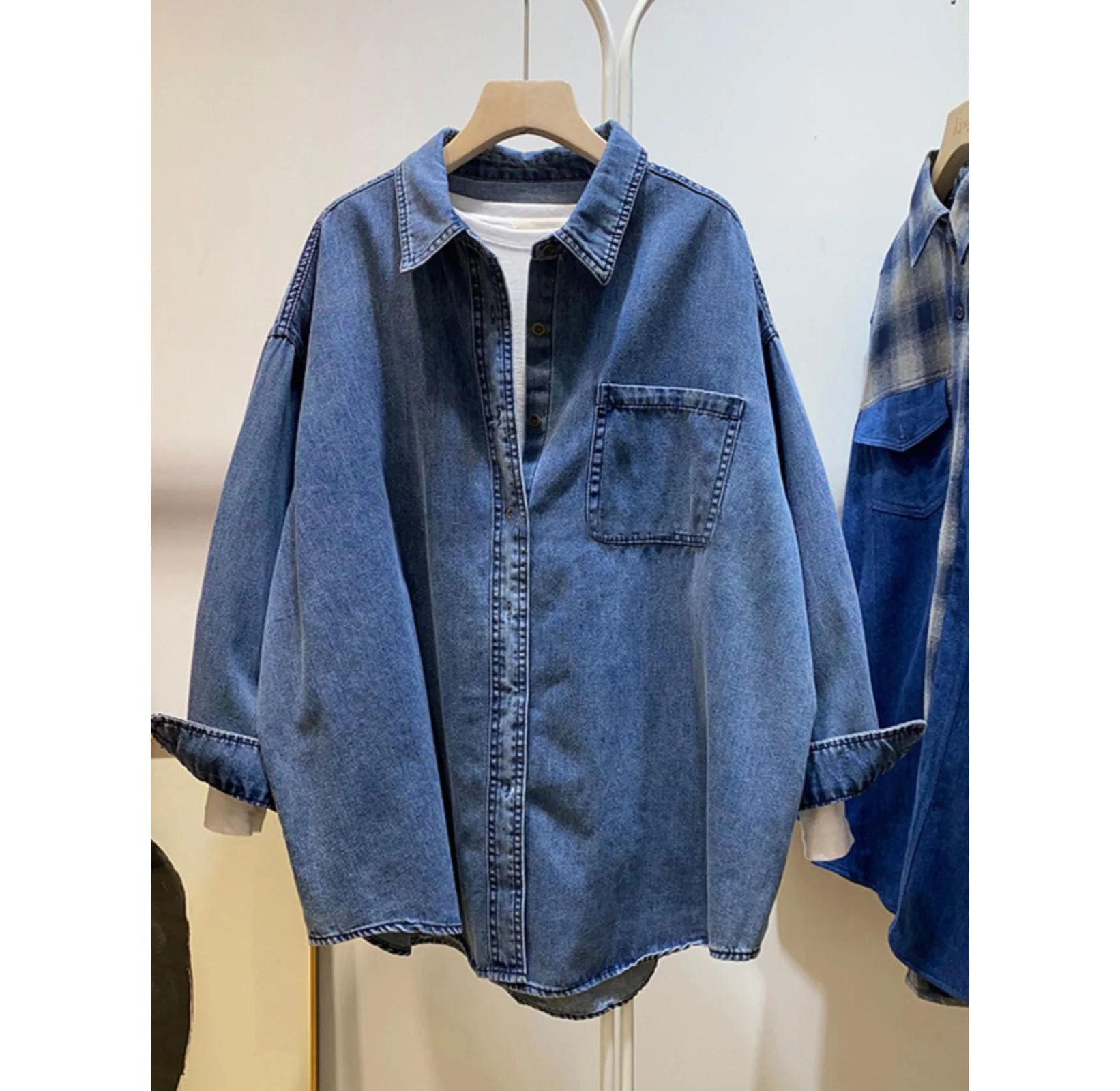 Camisas de mezclilla retro de estilo francés para mujer, cuello de vuelta, manga larga, holgadas, delgadas, para ocio