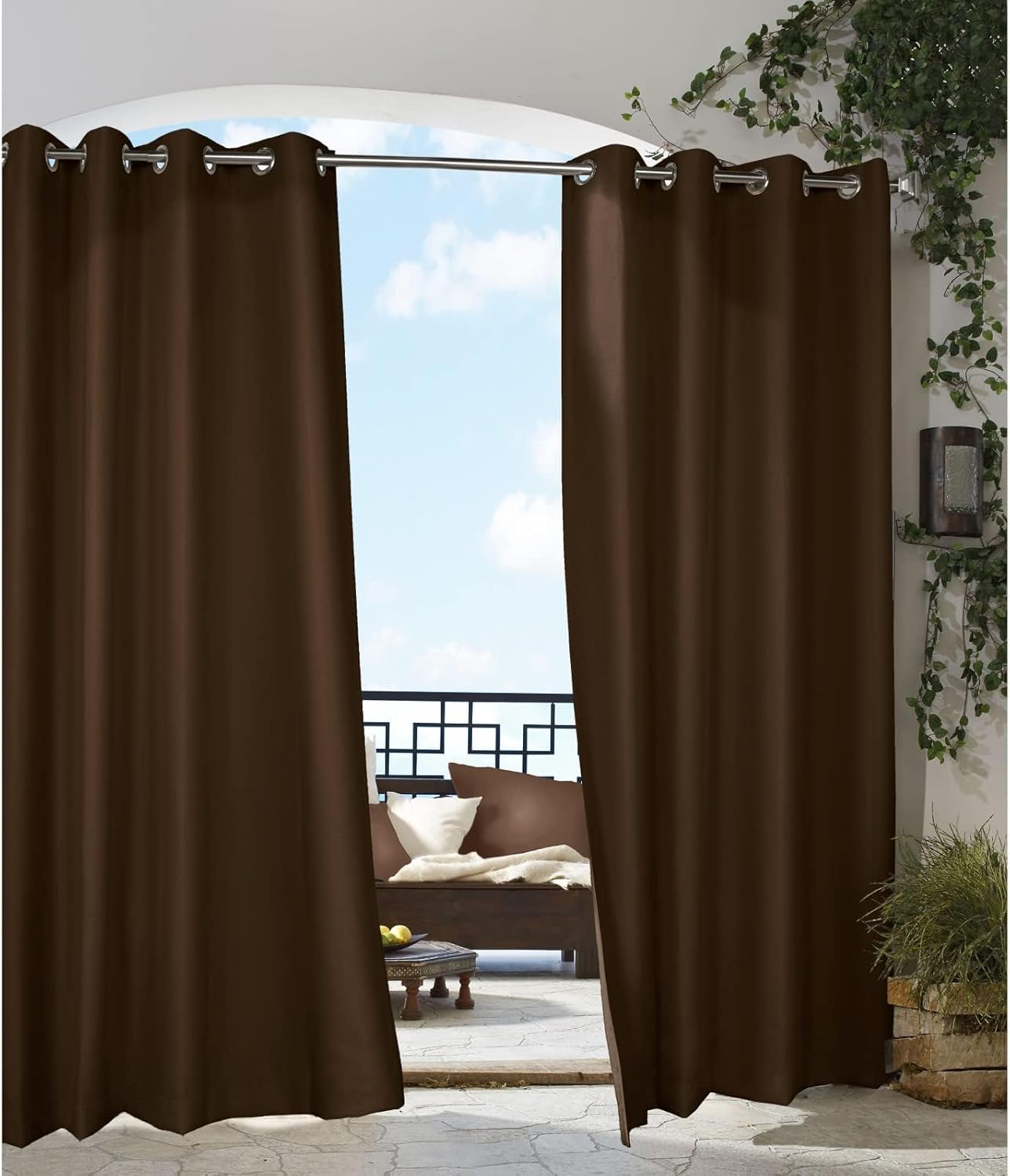 DREAM ART Outdoor Waterproof Privacy Curtains, Grommet Top Windproof Patio Drapes for Porch, Gazebo, Deck, UV Protection, 2 Panels, 54" Wx84 L (137x213 cm), Chocolate