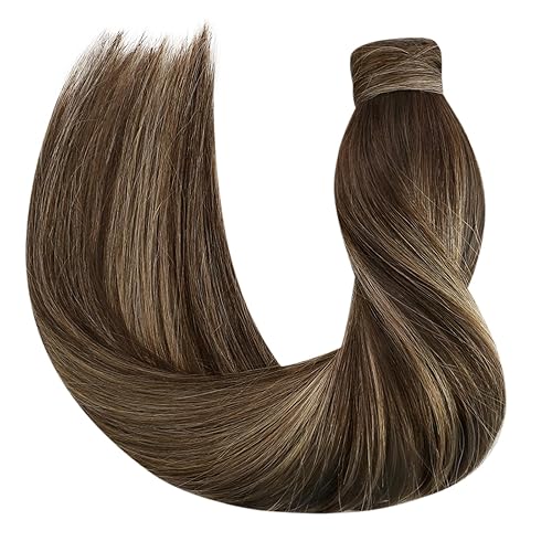 Miniatura 8 de Ve Sunny Coleta de caballo de cabello humano con clip para mujer, color marrón oscuro con mezcla de rubio caramelo, balayage, extensión de cola de