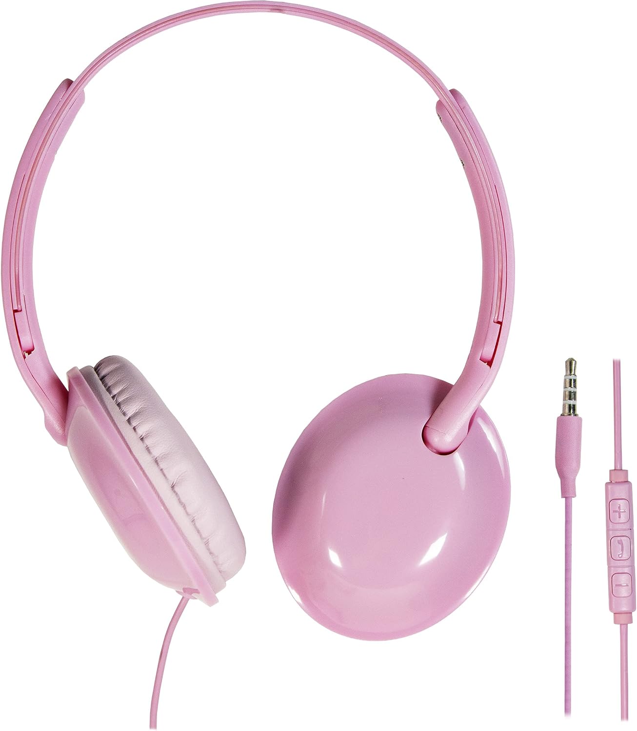 Close-up view of the pink stereo headphones included with the Craig CMP840 tablet, showing the 3.5mm jack and inline controls.