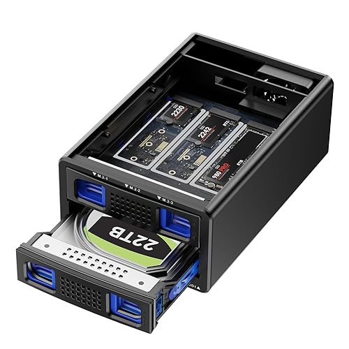 CENMATE Hybrid 2.5/3.5" SATA HDD/SSD+3* M / B+M Key M.2 NVMe Enclosure with Cooling Fan and USB A/C 3.2 Gen 2 (10Gbps), Hard Drive Enclosure Support 46TB(22TB HDD+3*8TB 2230/2242/2260/2280/22110 SSDs)