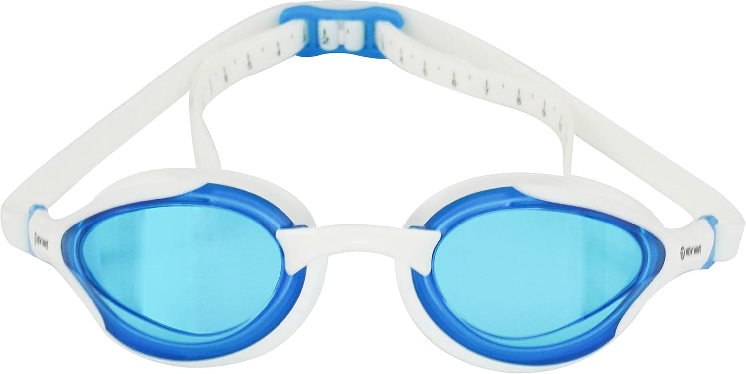 New Wave Swim Goggles with Protective Storage Case - Anti Fog Lenses, Four Nose Bridges for Triathlon & Open Water Swimming (Blue Ice = Clear Blue Lens in White Frame)
