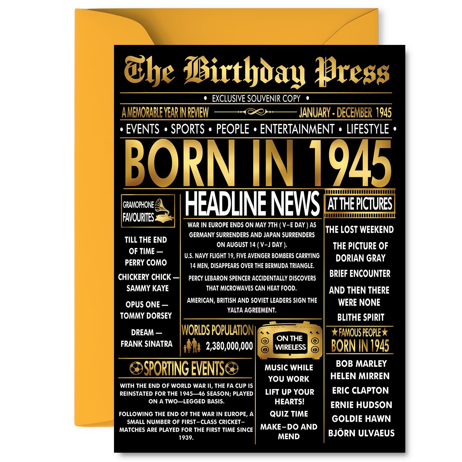 Gold 81st Birthday Card for Men Women - Black & Golden Newspaper Born in 1945 - Happy 81 Birthday Cards for Husband Dad Nan Grandad Wife Auntie, 5x7 Inch Bday Greeting Cards