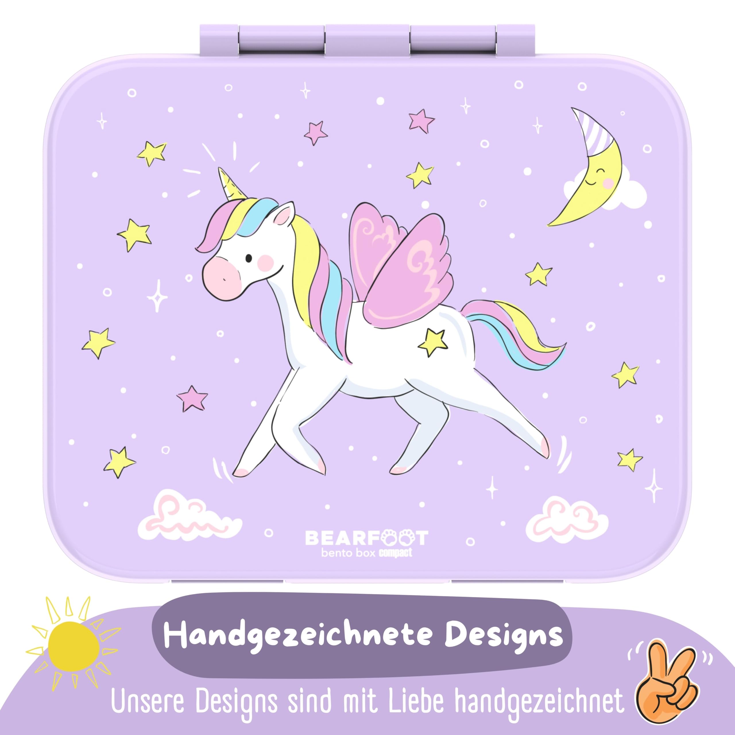 BEARFOOT Bento Box Compact | nowy model – wzmocnione zamknięcia, pudełko śniadaniowe dla dzieci, bez BPA, szczelne pudełko na lunch do szkoły i przedszkola (jednorożec, fioletowy, 1000 ml)