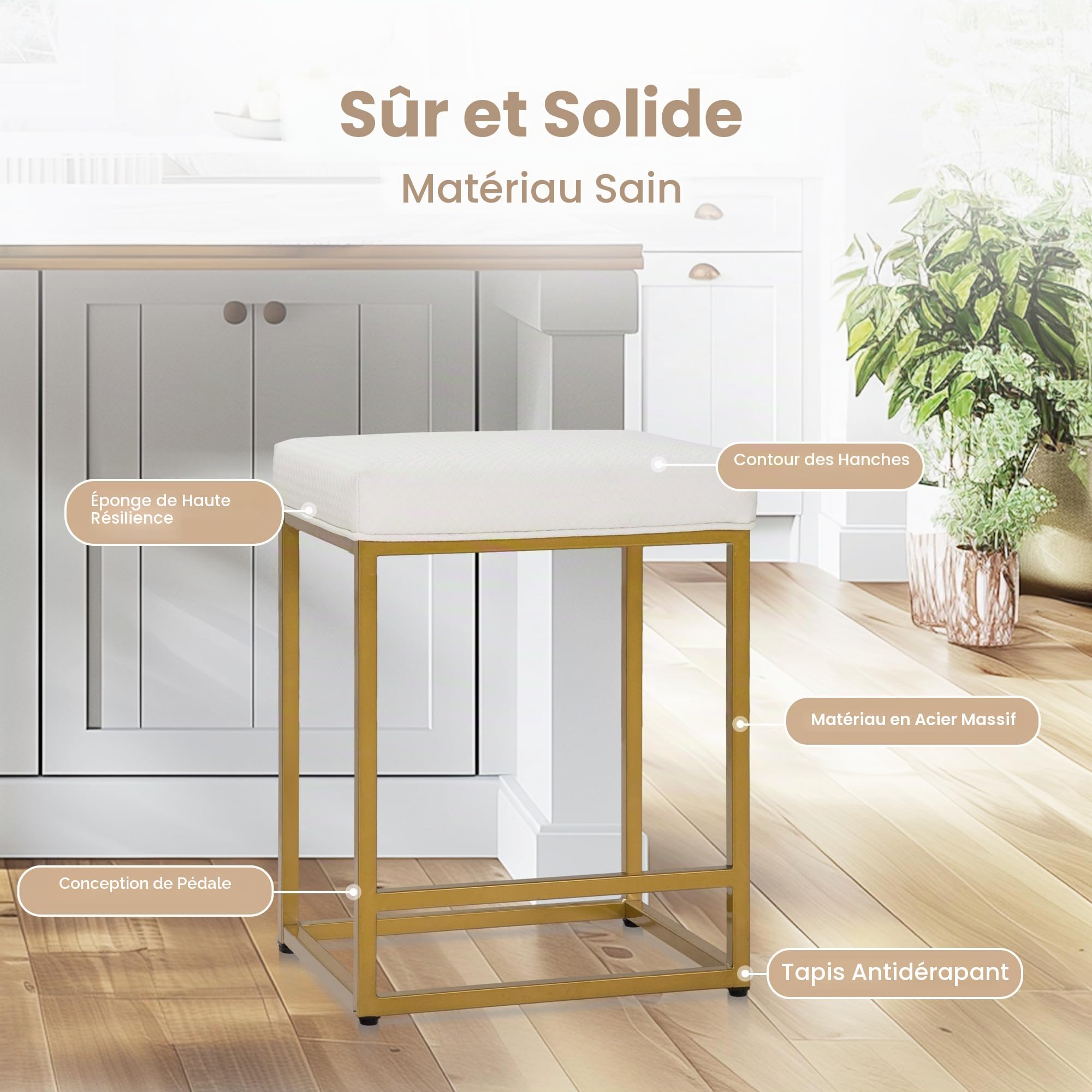 ALPHA HOME Tabouret de bar, hauteur de comptoir avec repose-pieds, chaise de bar pour petit déjeuner en cuir PU sans dossier, chaise de cuisine, de salle à manger, de café pour intérieur et extérieur