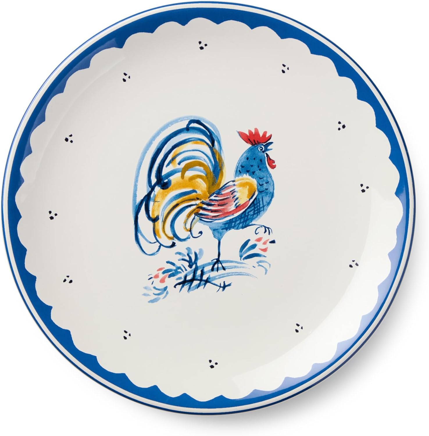 French Rooster Ceramic SALAD/DESSERT PLATES,SET OF 4, 9‑inch plates with cobalt borders and classic rooster motifs, perfect for salads, desserts, brunch, farmhouse kitchens, rustic French décor