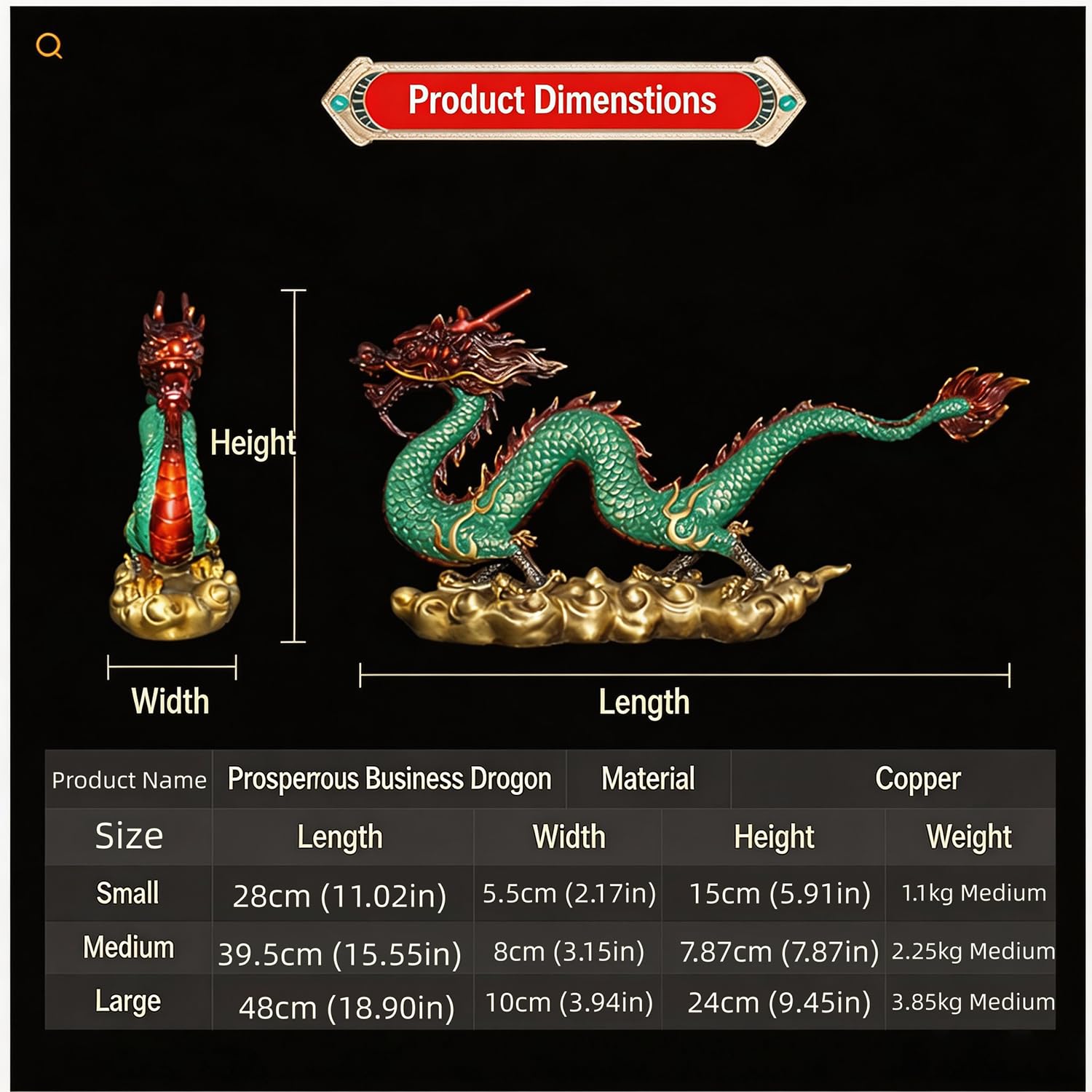 Pure Copper Chinese Dragon Statue,Hand Painted Dragon Feng Shui Sculpture,S
