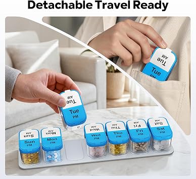 Odaro Extra Large Weekly Pill Organizer 2 Times A Day AM PM, Blue | XL Pill Organizer, Big Pill Box, Removable Daily Trays, Wide Fill Openings, Easy Use, Secure Sealed, Multi Use For All Ages