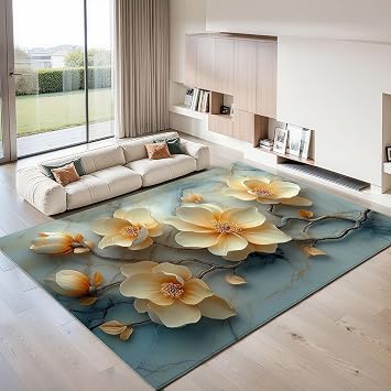 10 x 12 Magnolia Flower Rug & Home Decor, Magnolia Tree Rug, Vintage Botanical Rugs, Nature Area Rugs, Washable Golden Floral Carpet for Living Room, Bedroom, Apartment