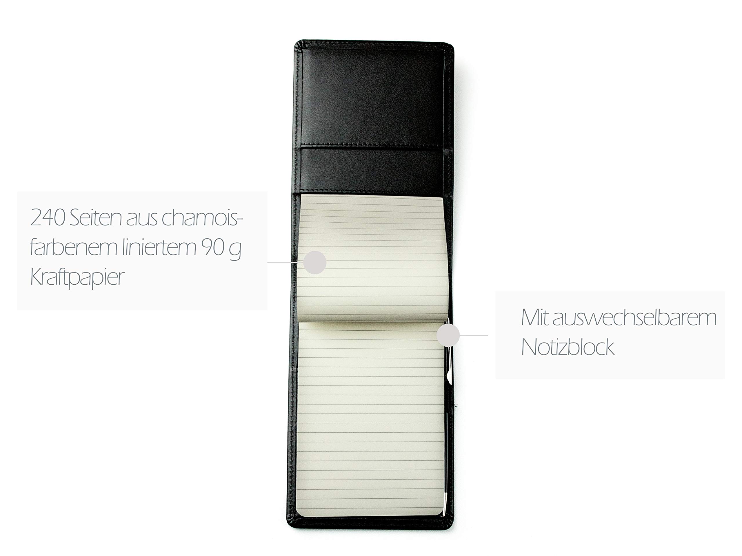 DELMON VARONE - Personalisierbares Notizblock Etui DIN A6 aus Boxcalf Premium Leder schwarz, Design Reporterblock im Hardcover Ledereinband, Stiftschlaufe, Einschubfach und blanko Block liniert