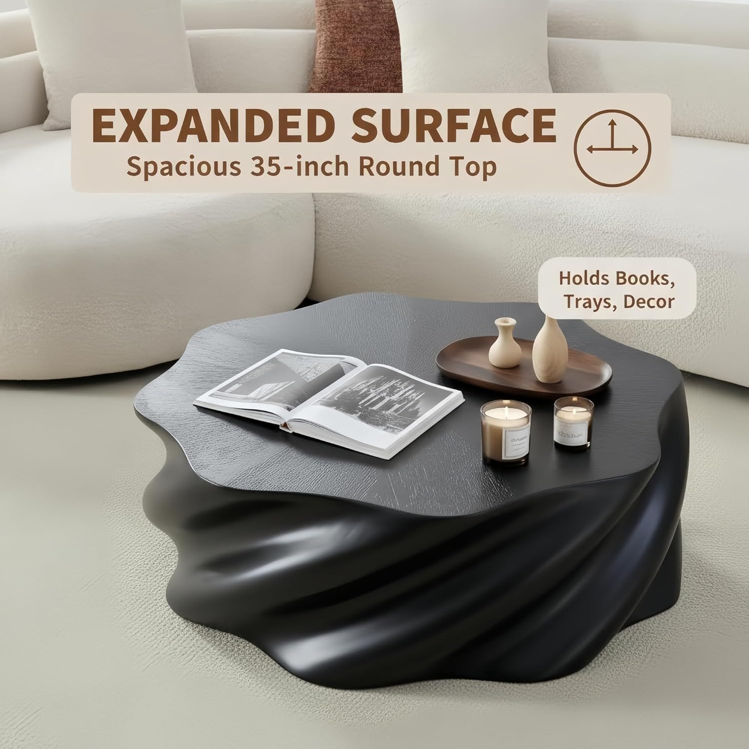 35" Modern Coffee Table for Living Room Sculptural Minimalist Drum Coffee Table Black Fiberglass Center Table Contemporary Accent Table Luxury Furniture for Apartment Lounge