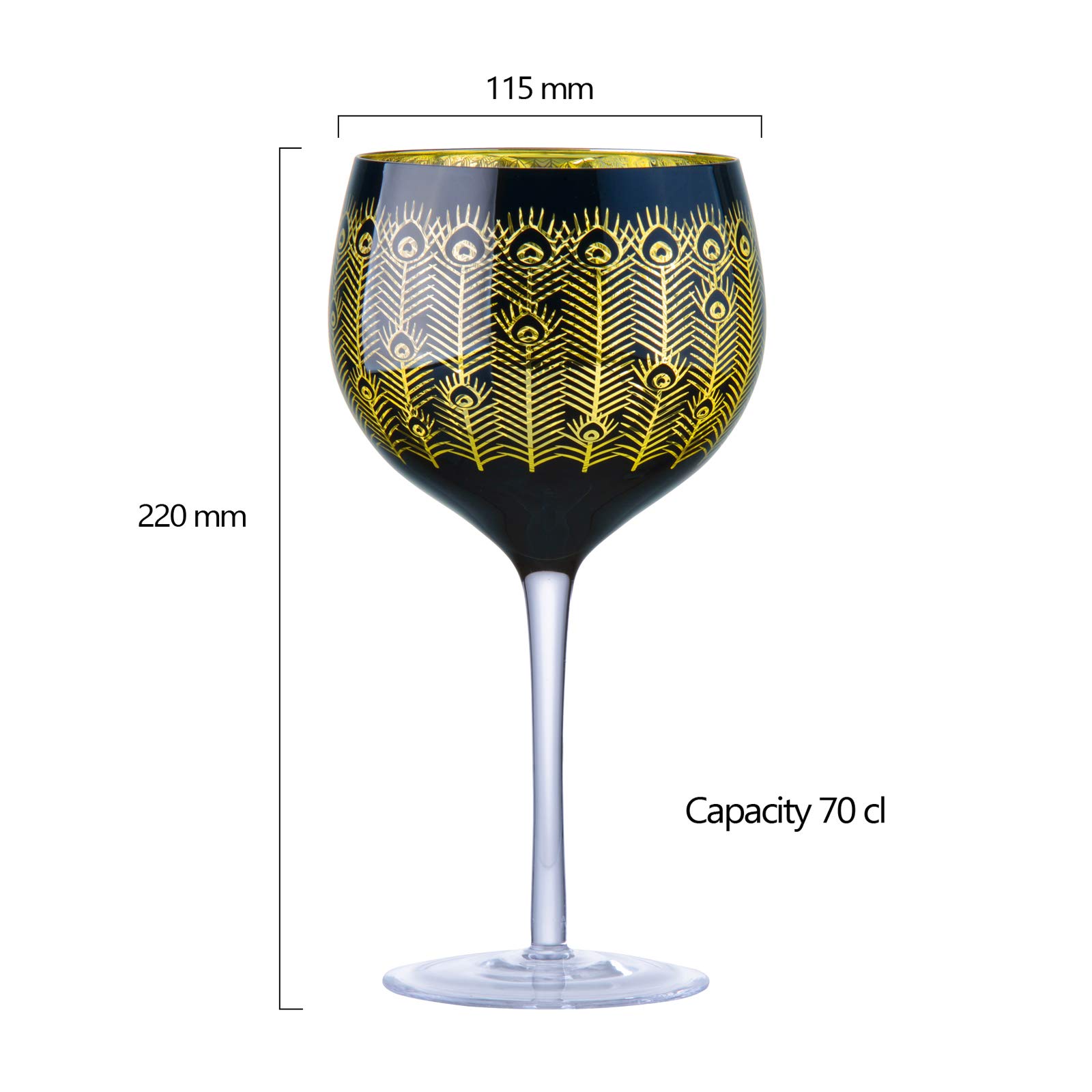 Artland – Copas de Ginebra Peacock Midnight – Dorado y Negro – Juego de 2 – Capacidad de 700ml Por Copa – Diseño de Plumas Elegante y Detallado en Dorado y Negro