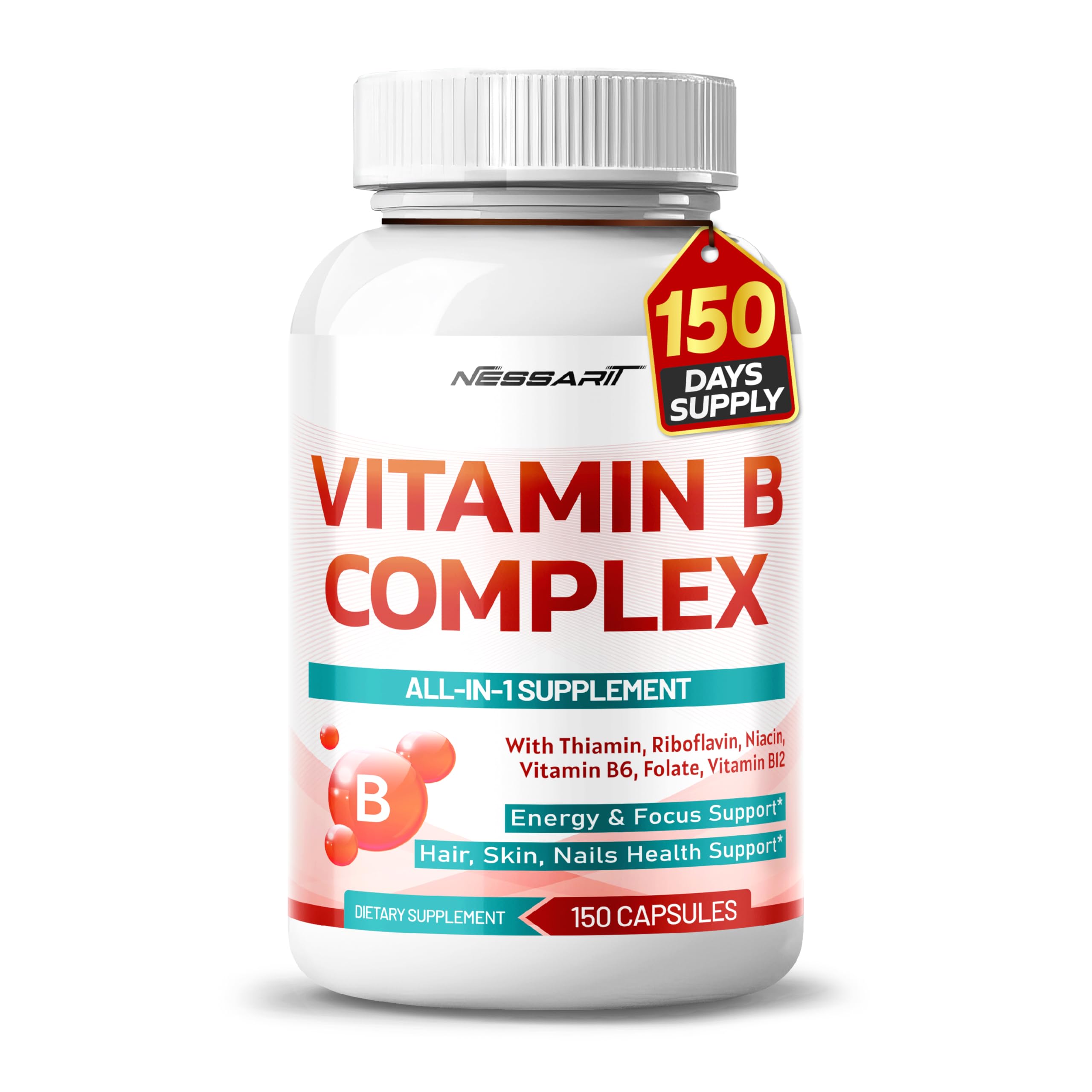 Vitamin B Complex - High Potency with Thiamin, Riboflavin, Niacin Vitamin B6, Folate, Vitamin B12 -Energy, Focus, Hair, Skin, Nails Support - 150 Count