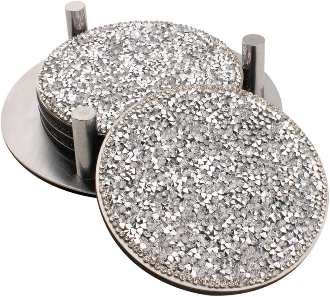 Luminous Coaster Set, Dazzling Rhinestones on Stainless Steel, Protective Backing, for Glamorous Coffee and Side Tables, Silver, 5', Set of 4 with Holder
