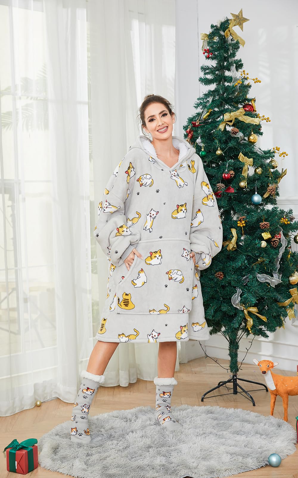 THREE POODLE Sudadera Manta con Capucha, Oversize Bata Manta Polar Mujer para Niños, con Capucha Ultra Suave y Cálida, Sudadera para Mujer, Hombre y Niño, Regalo - Size A, Cat