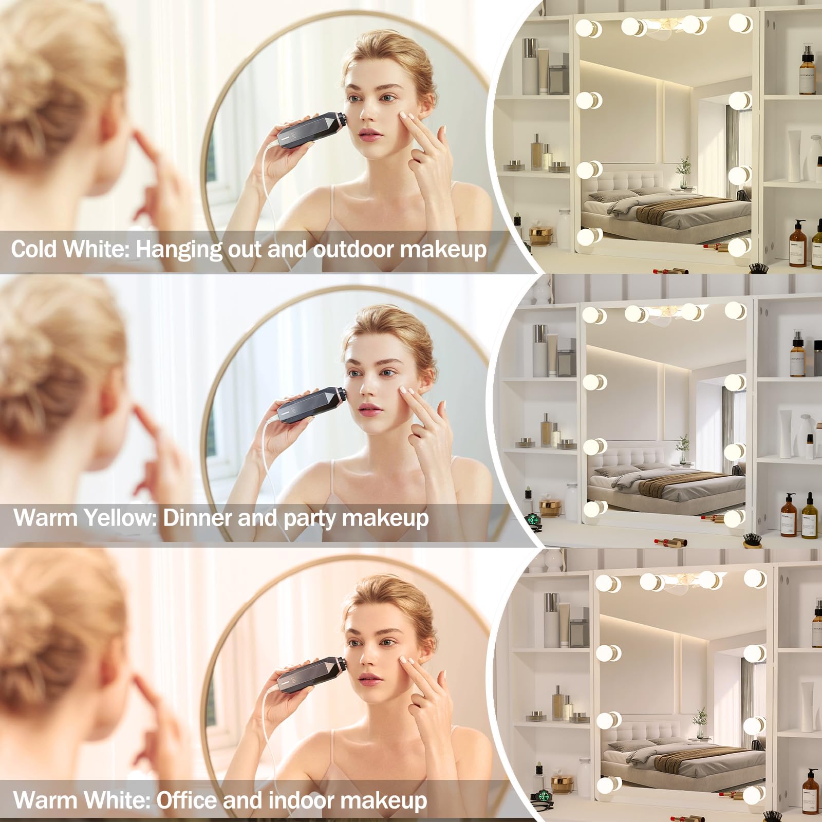 Toeletta Con Specchio E Luci LED - 3 Cassetti, Sgabello, Bianco, 40x100x140 Cm