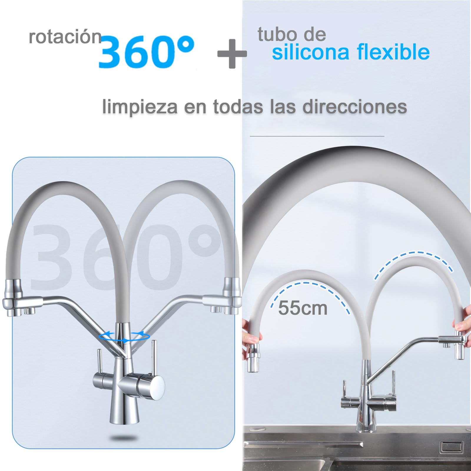 Grifo de Cocina 3 Vías Negro Satinado para Ósmosis, Agua Fría y Caliente, Latón Macizo