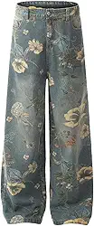 Streetwear Calça jeans floral folgada perna larga Street Y2k calças jeans