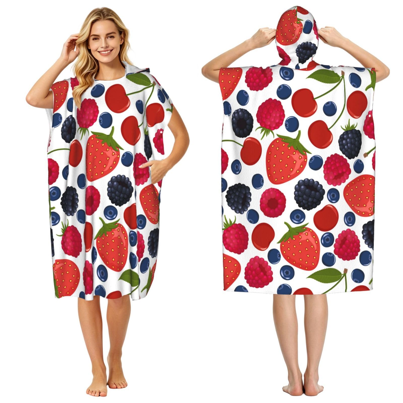 Poadnly Falling Ripe Berries Raspberries, Adult Hooded Beach Towel 90 x 110 cm,Changing Bath Robe, Surf Poncho Towel For Women Men