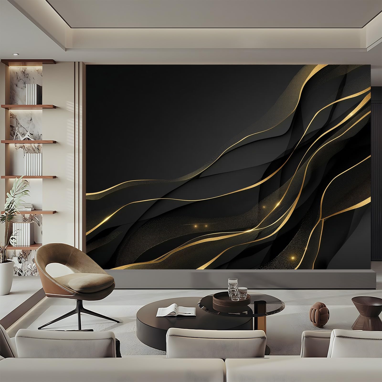 Panoramiczna tapeta luksusowa złota linia marmur czarne złoto 300 x 210 cm (szer. x wys.), panoramiczna gigantyczna tapeta 3D salon sypialnia jadalnia pokój dziecięcy dekoracje ścienne z włókniny