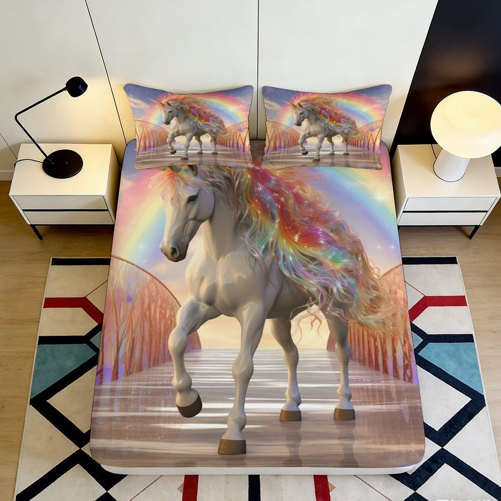 3D Printed Rainbow Unicorn Fitted Sheet Microfiber Soft Durable Colorful Bed Cover for Bedroom Dormitory Guest Room Mattress Protection 140x200x25cm