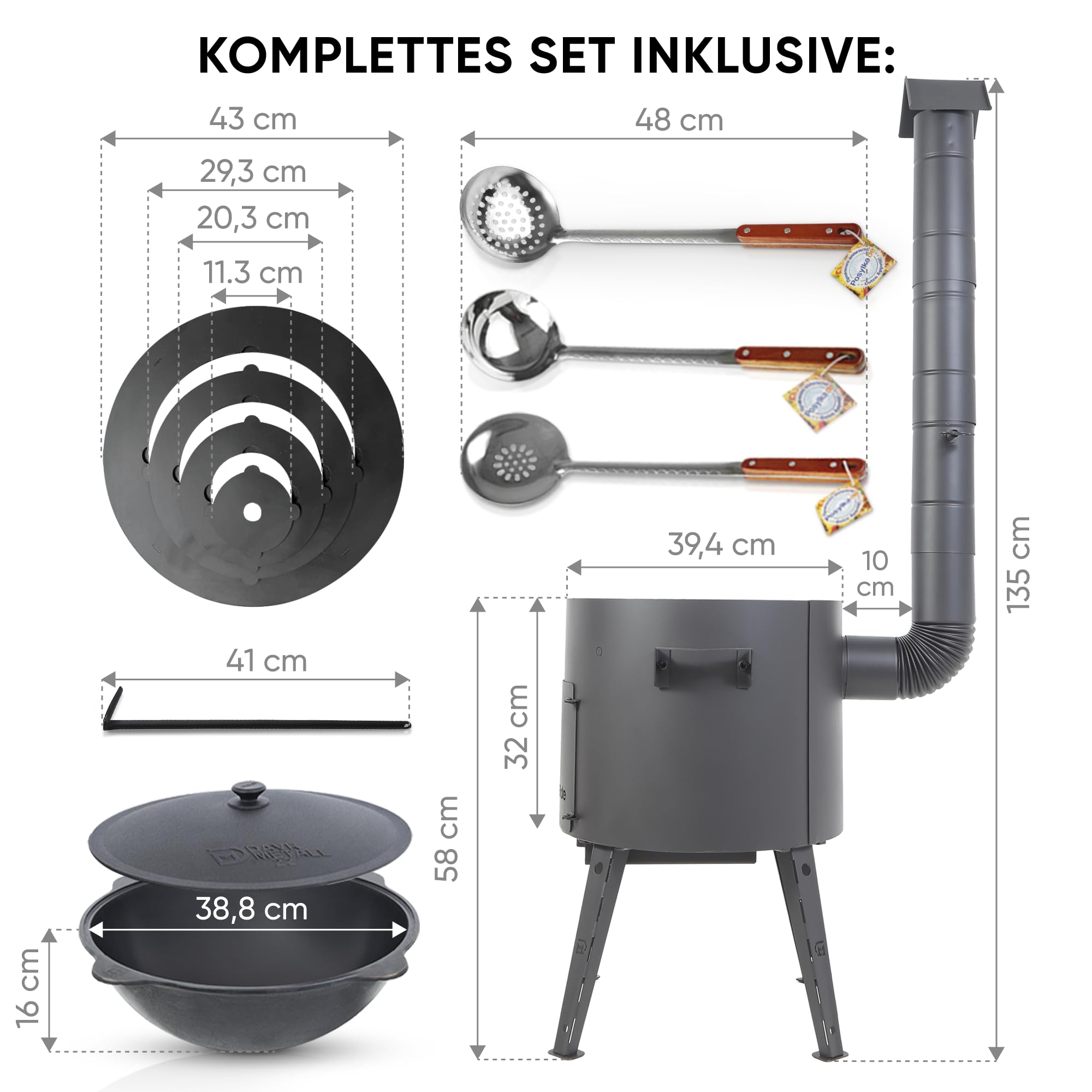 Utschak Uchag - Horno de fuego de 40 cm de diámetro, 2 mm, acero, 4 mm, Kazan, 12 L, base redonda con termómetro, cucharón para espumas Plov, Учак Учаг Uchag Asia (Set 508)