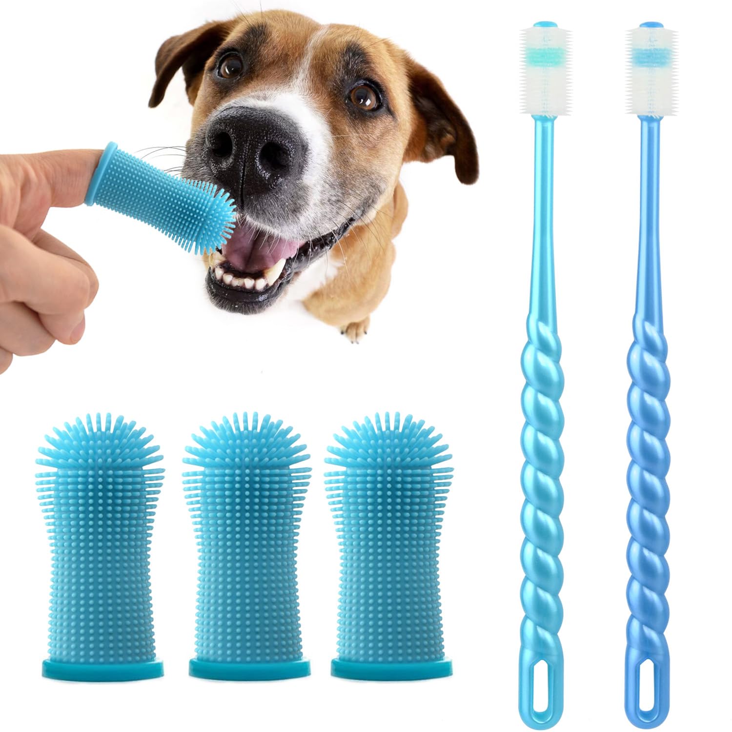 Cepillo Dientes Perro, Para limpieza de dientes de mascotas de 360º, cuidado dental para gatos, (5 paquetes) (Azul)