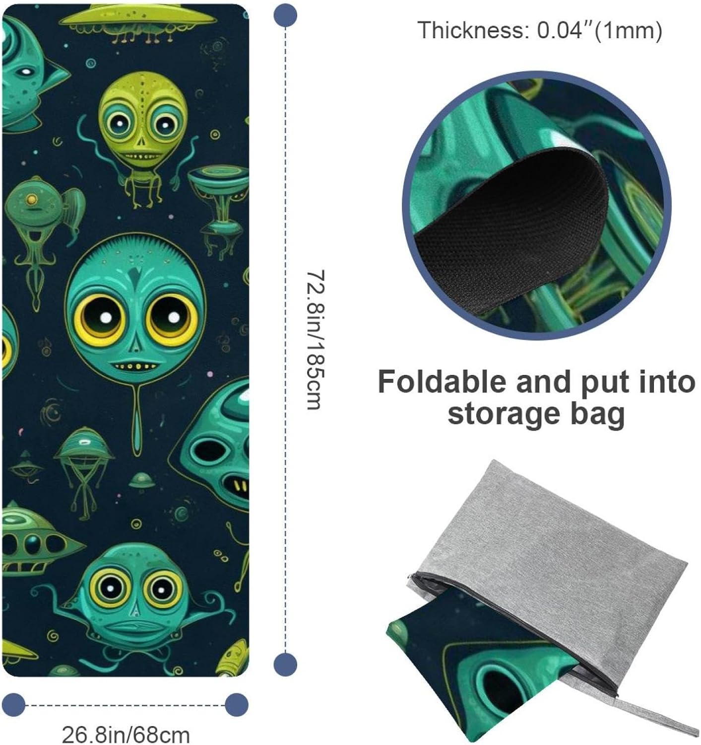 Yoga Towel, Outer Space Alien Pattern Non Slip Sweat Absorbent Hot Yoga Mat Towel for Hot Yoga, Pilates and Fitness - 72.8" x 26.8"