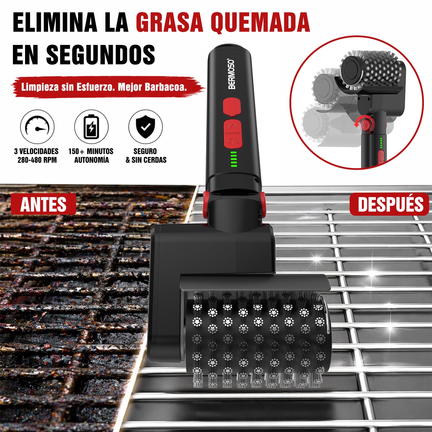 Cepillo Electrico Barbacoa,Recargable Limpiador Barbacoa con 3 Velocidades, Elimina Grasa Quemada, Autonomía de 150+ Minutos e Impermeable, Limpieza Sin Esfuerzo para Parrillas Exteriores