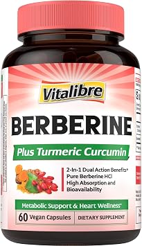 Vitalibre Berberine Supplement, with Turmeric Root, 97% High Potency Berberine HCl, Support Metabolism, Heart Health, Immune System, Vegan, 60 Capsules