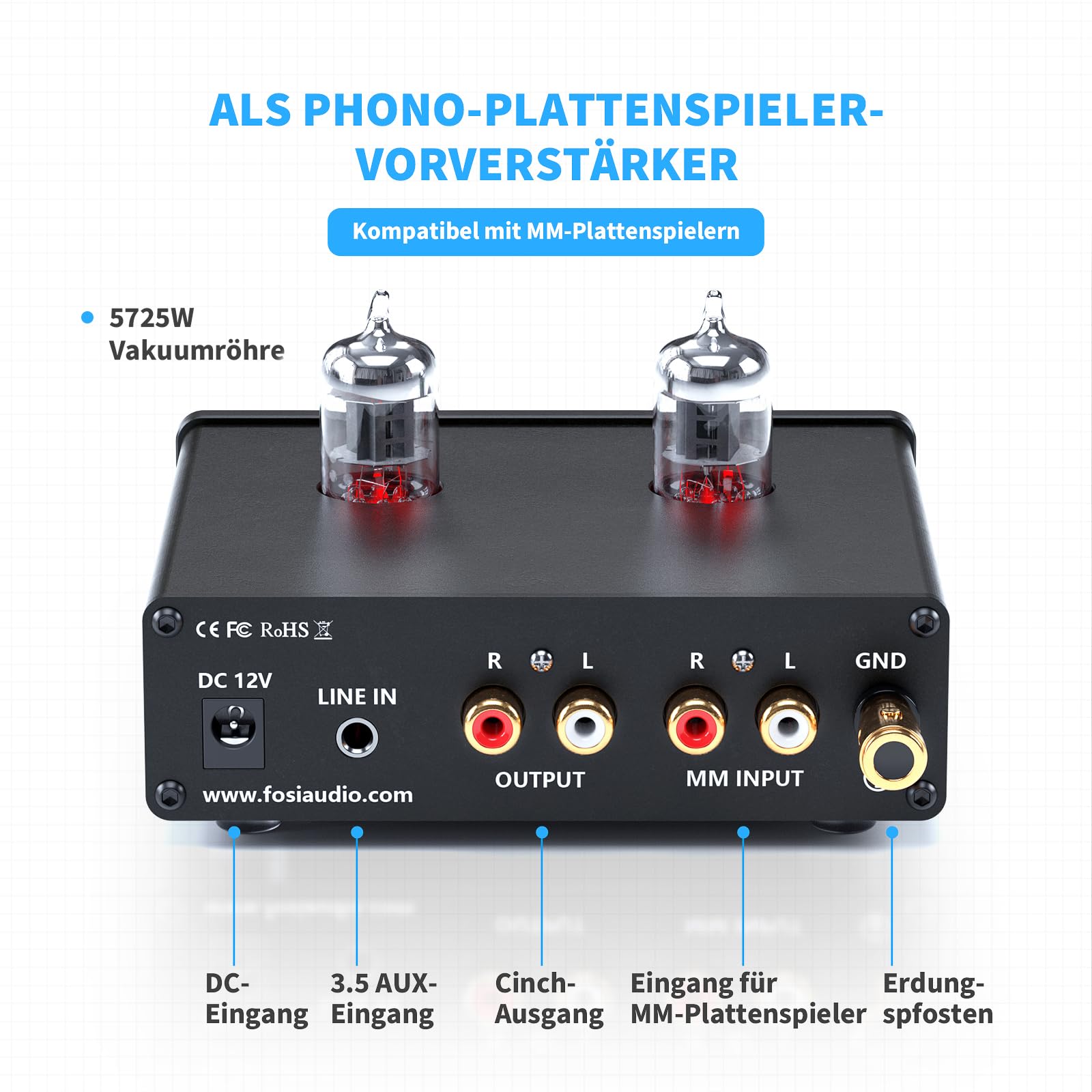 Fosi Audio BOX X4 HiFi Phono Röhren Vorverstärker, Hi-Fi Röhrenvorverstärker Kopfhörerverstärker, JAN 5725W Vakuumröhren für MM Plattenspieler, Gain-Stereo-Audio für Phono-Audiophil