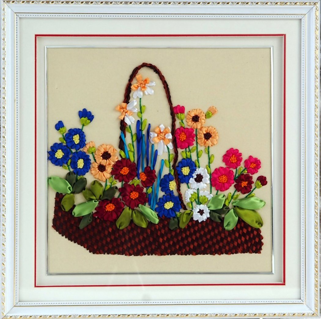 Aureate Handmade Ribbon Embroidery Kits Canvas 3D Wall Art Home Decoration DIY Needlepoint Tapestry Hanging Gift Flower Basket 18"×20"