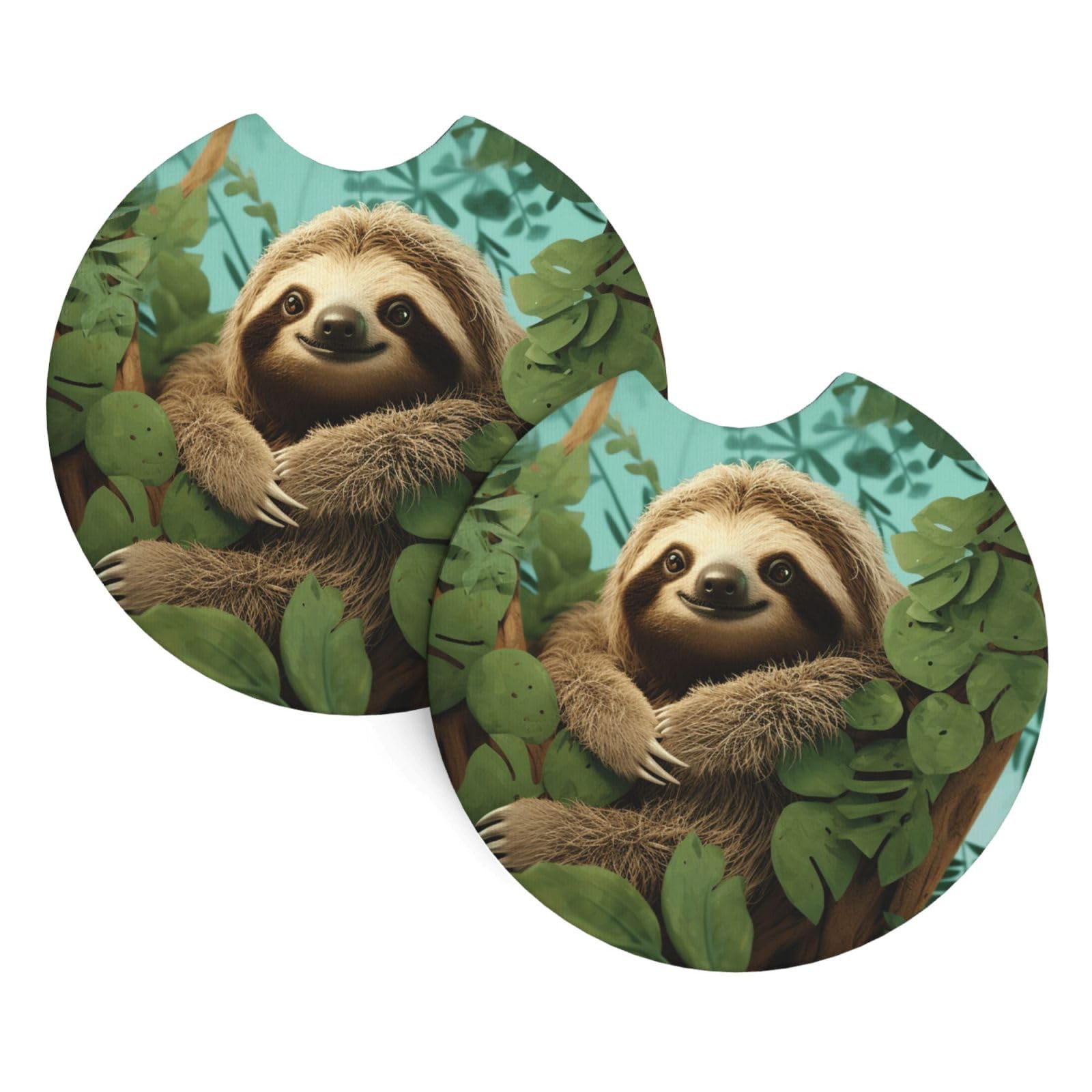 2PCS Car Coaster for Cup Holders Universal Auto Cup Mat Hug Tree Sloth Cup Coaster Pad 2.7" Waterproof Neoprene Non-Slip Cup Holder Coasters Car Interior Accessories for Women Men