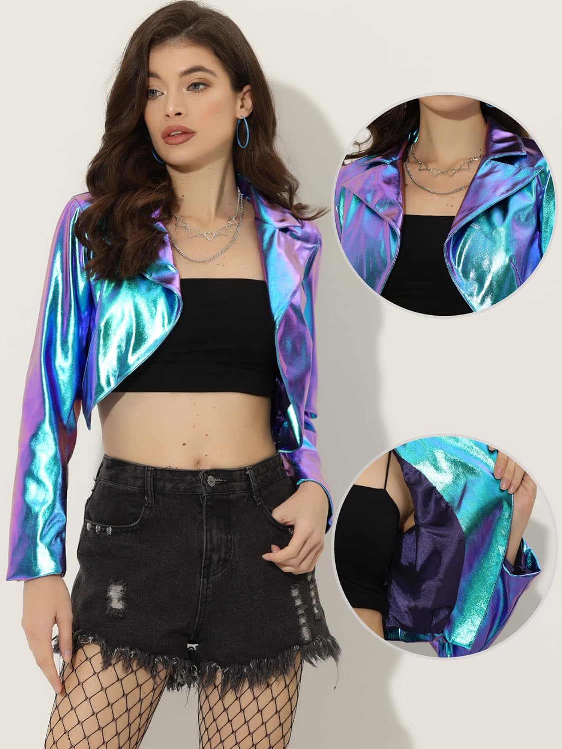 Allegra K Holographic Jackets for Women's Halloween Long Sleeve Lapel Crop Shiny Party Metallic Jacket