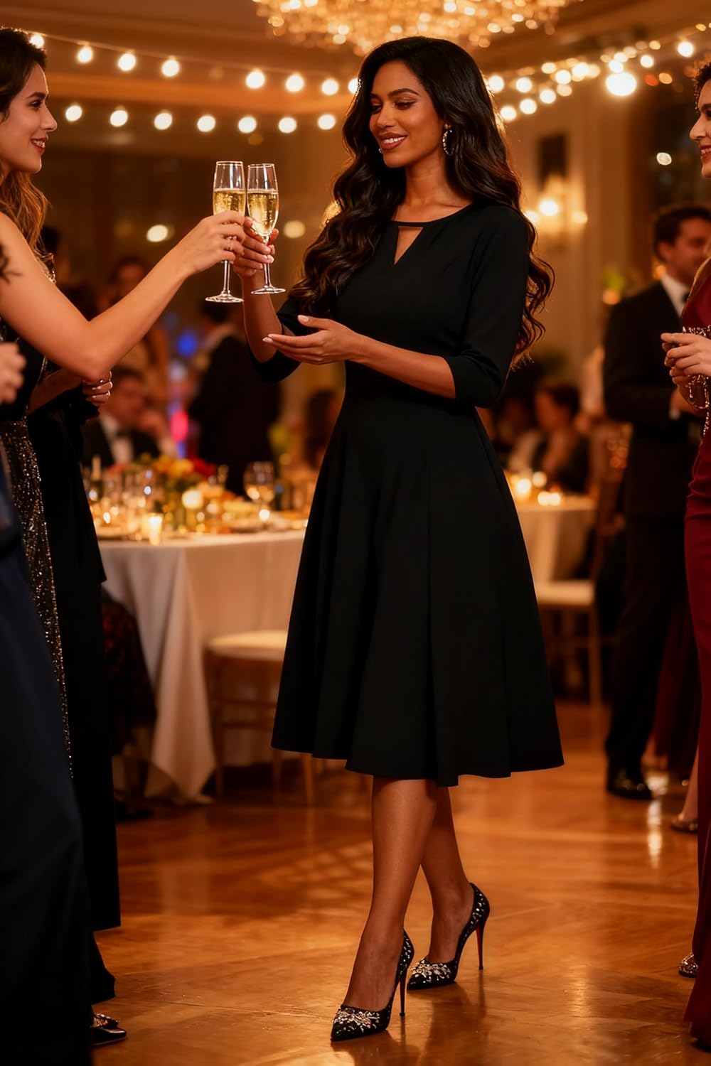 Nmoder Midi Dresses for Women - Fit and Flare 3/4 Sleeve Keyhole Cocktail Church Work Dress with Pockets - Image 3