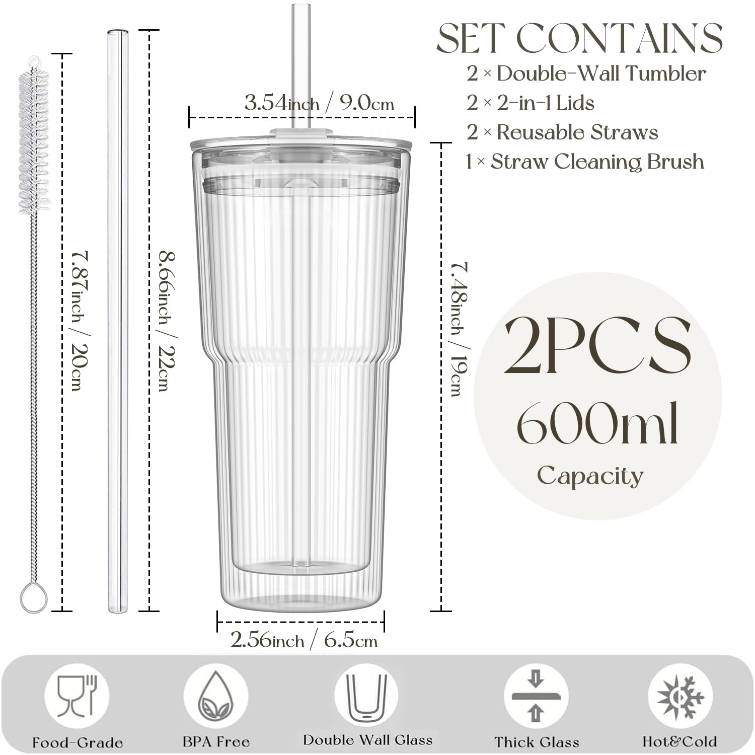 KEMORELA Confezione da 2 tazze in vetro a doppia parete da 600 ml, con coperchio e cannucce, tazze isolanti per caffè ghiacciato, per Matcha, latte, frullati e bubble tea, bicchieri estetici in vetro
