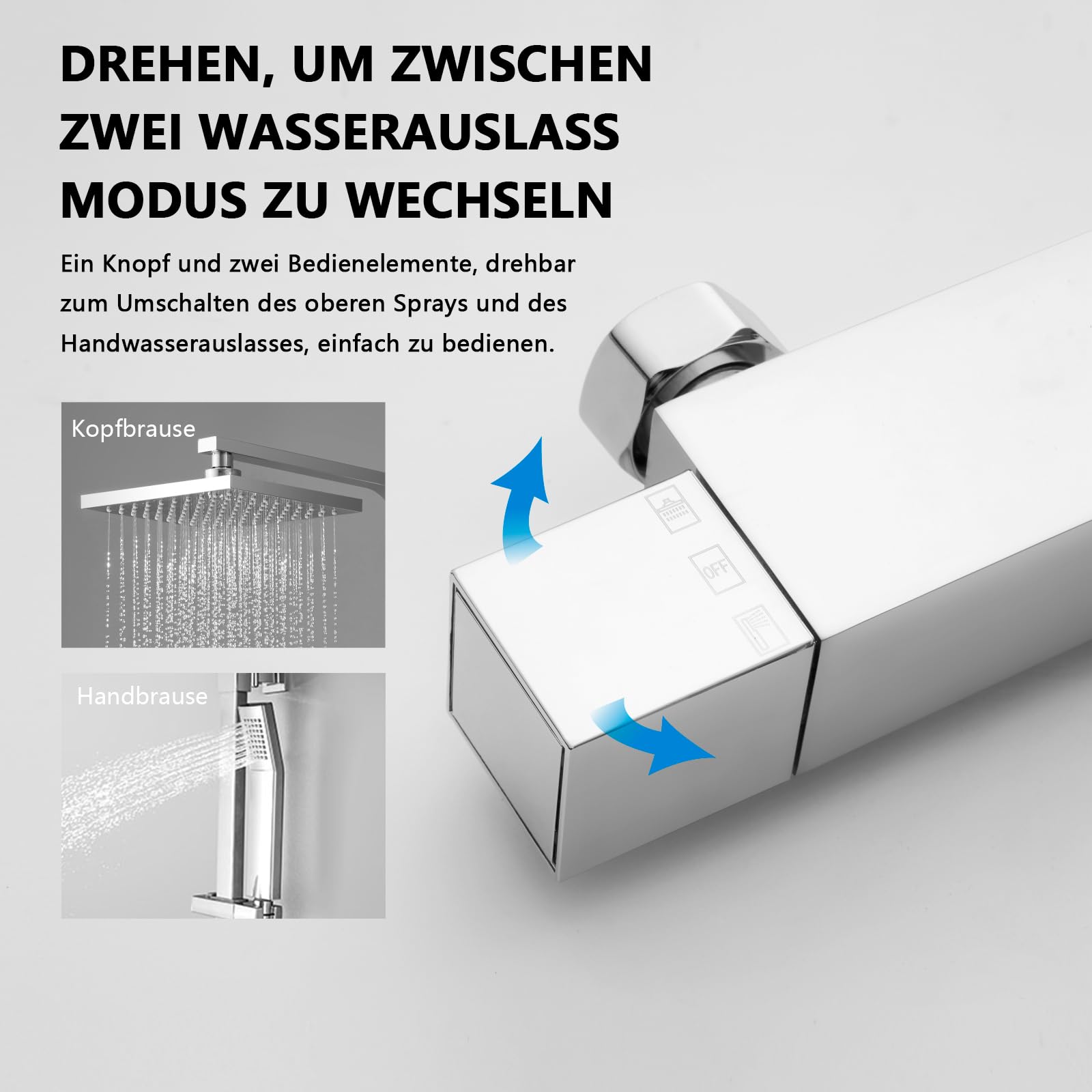 KOMIRO Duschsystem mit Thermostat, Regendusche mit Armatur, Duscharmatur mit thermostat, Duschkopf mit Schlauch und Edelstahl Höheverstellbarer Duschstange, Duschsäule Duschset, Eckig, Chrom