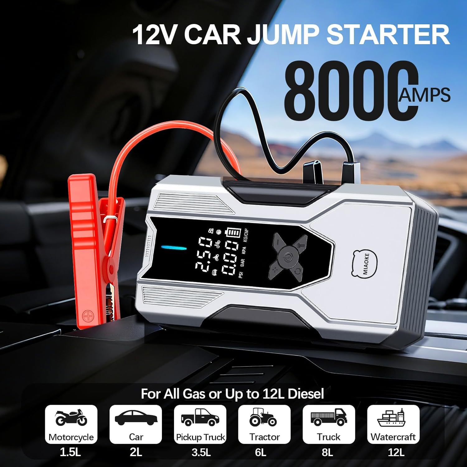 Arrancador de Baterias de Coche 8000A, 12V Arrancador de Coche, 150PSI Compresor de Aire, Juego de Boquillas a Juego, Clip de Flor de Punto Inteligente, Tubo Inflable, Aplicable Motocicletas