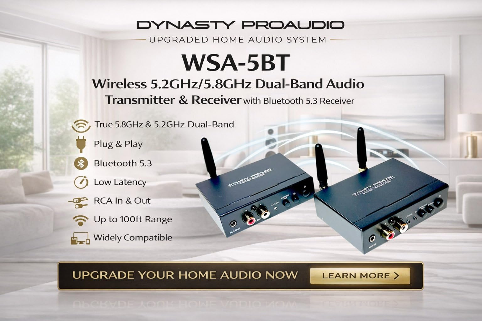 DYNASTY PROAUDIO Adaptateur audio sans fil WSA-5BT avec puce Qualcomm® aptX™ Bluetooth 5.3 sans perte, latence ultra faible, double bande 5,2/5,8 GHz, installation facile pour AVR/TV/PC avec système