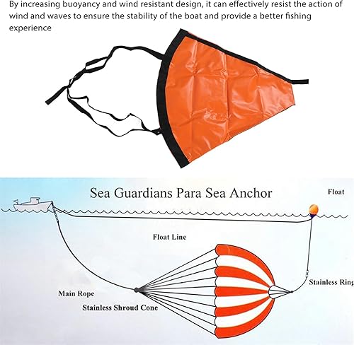 Miniatura 3 de Ancla de mar de pesca, alta visibilidad, portátil, naranja, resistente al viento, calcetín de deriva para barcos marinos (32 pulgadas se adapta a