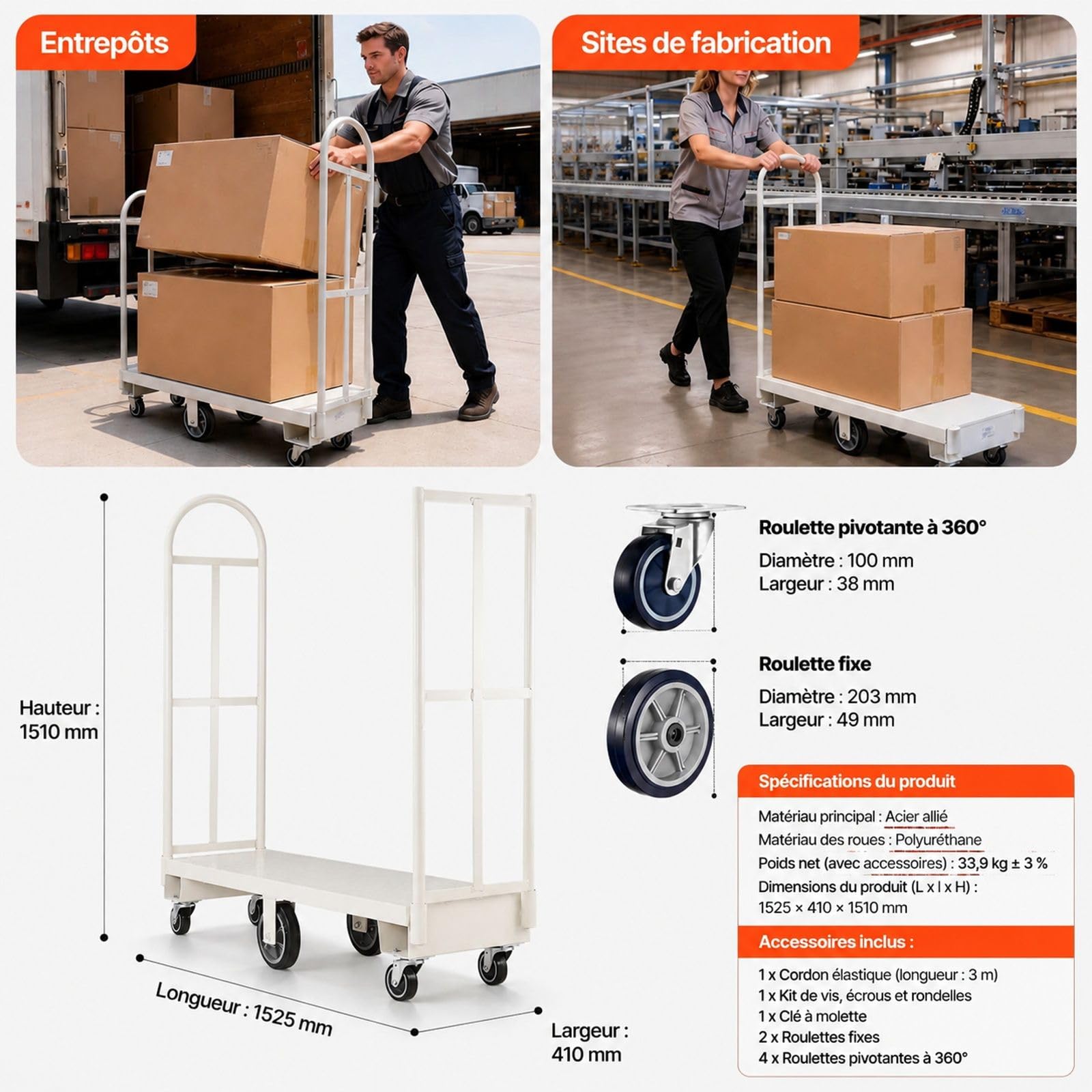 U Plattformwagen mit 6 Rädern und 2 abnehmbaren Griffen für Lager, Werkstatt und Fabrik
