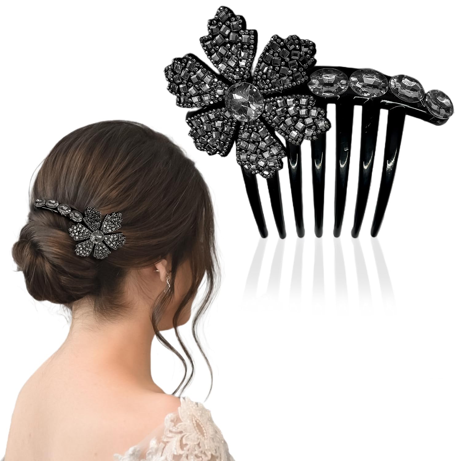 Beautiful Flower Design Hair Comb For Women & Girls | Decorative Crystal Hair Side Comb For Bun , Juda & Bridal Hairstyles -Stone Studded Hair Clip Juda Comb Prefect For Weddings And Festive Look -1PCS (Black)