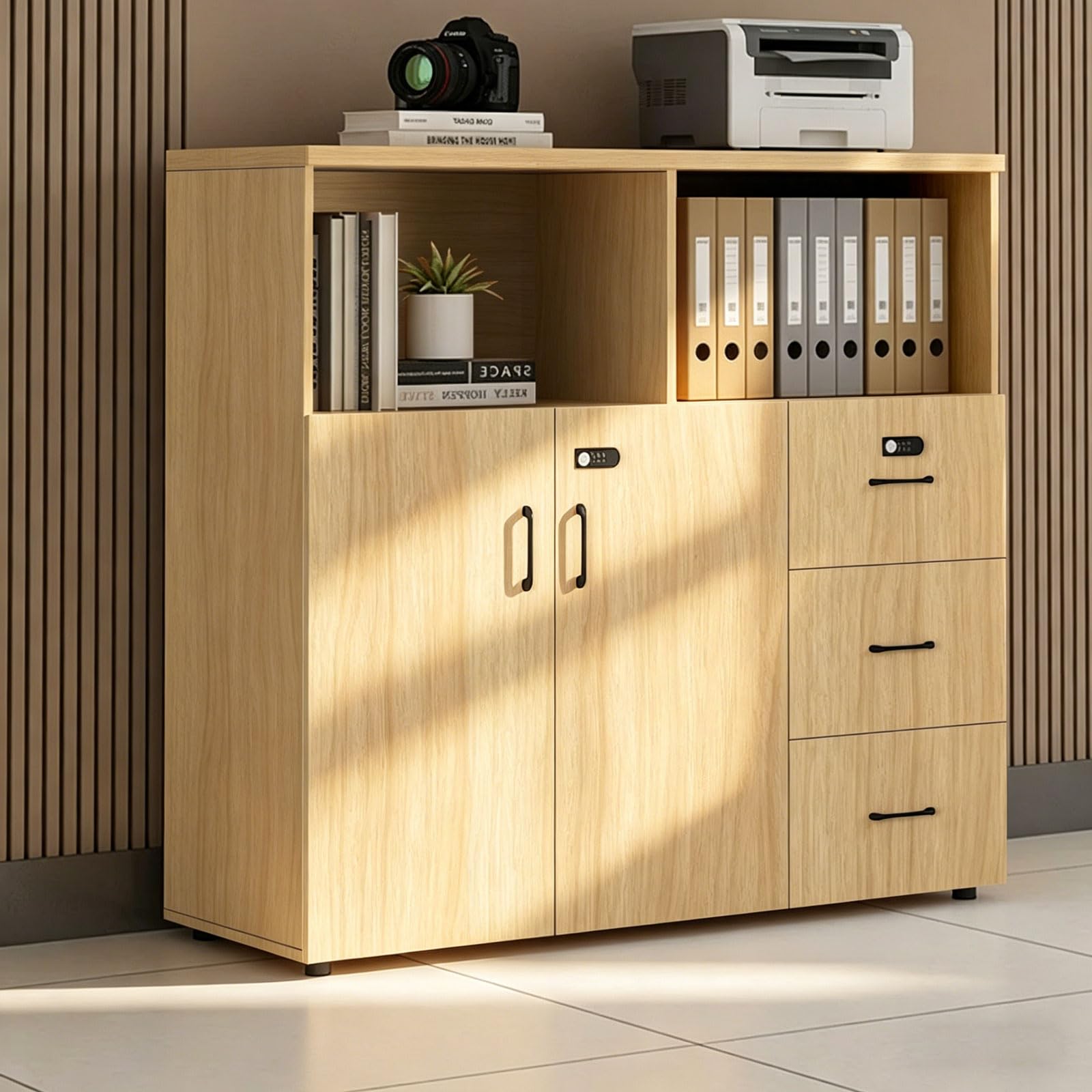 HSHBDDM File Cabinet with Password Lock, Wood Lateral Filing Cabinet for Letter/A4 Files, 3 Drawer with Door, Printer Stand with Open Shelves for Home