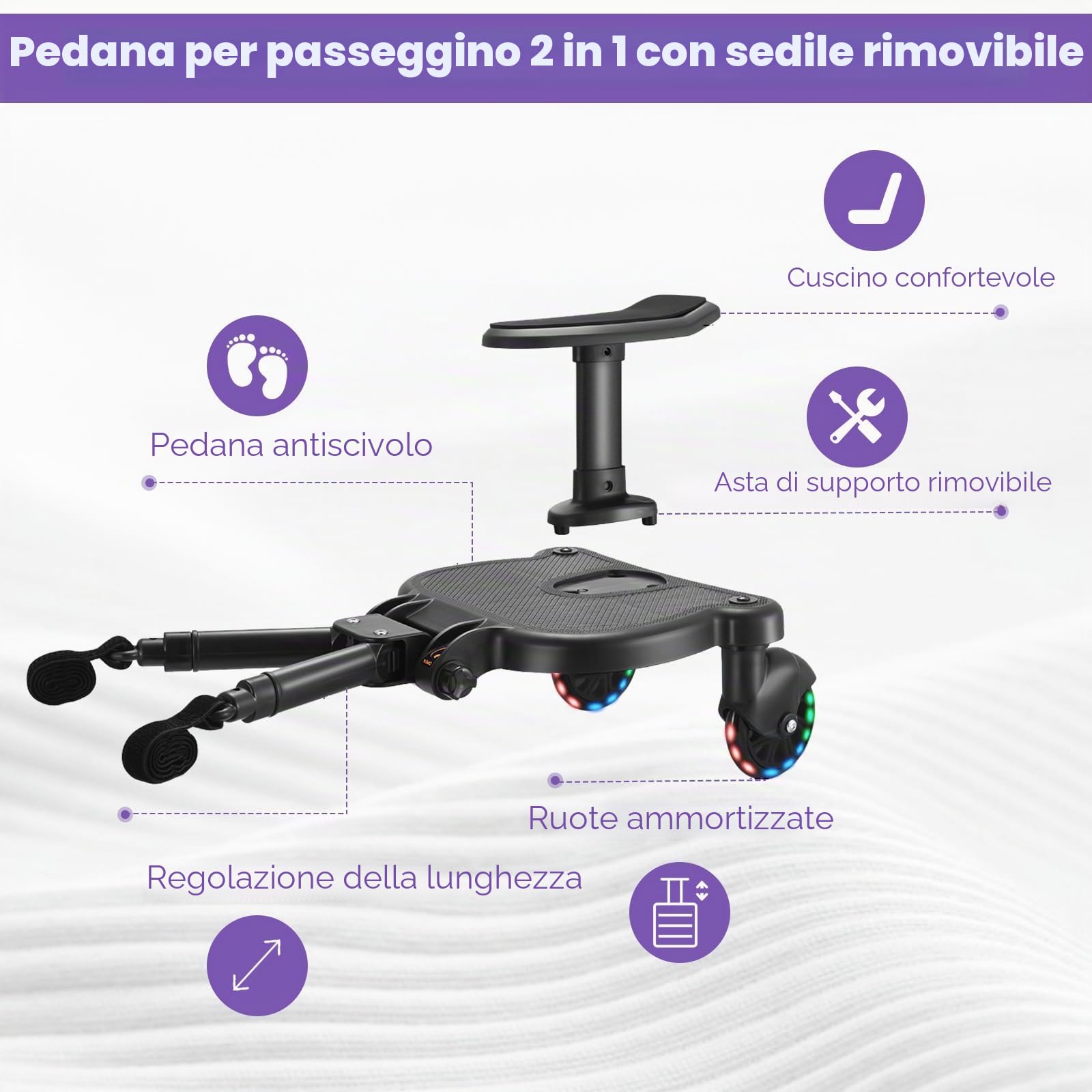 Passeggino universale a piedi con sedile, ruote per bambini con borsa passeggino, per bambini dai 2 ai 6 anni (25 kg)