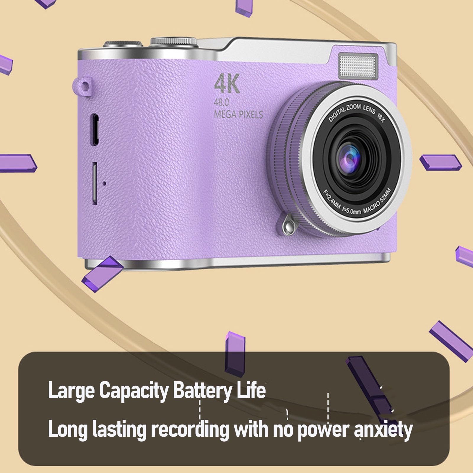 Bewinner 1080P Digital Kamera für die Fotografie, 48MP Vlogging-Kamera mit 2,4 "Flip-Bildschirm, 18x Digital-Zoom-Autofokus Kompakte Reise Kameras für Anfänger (Purple)