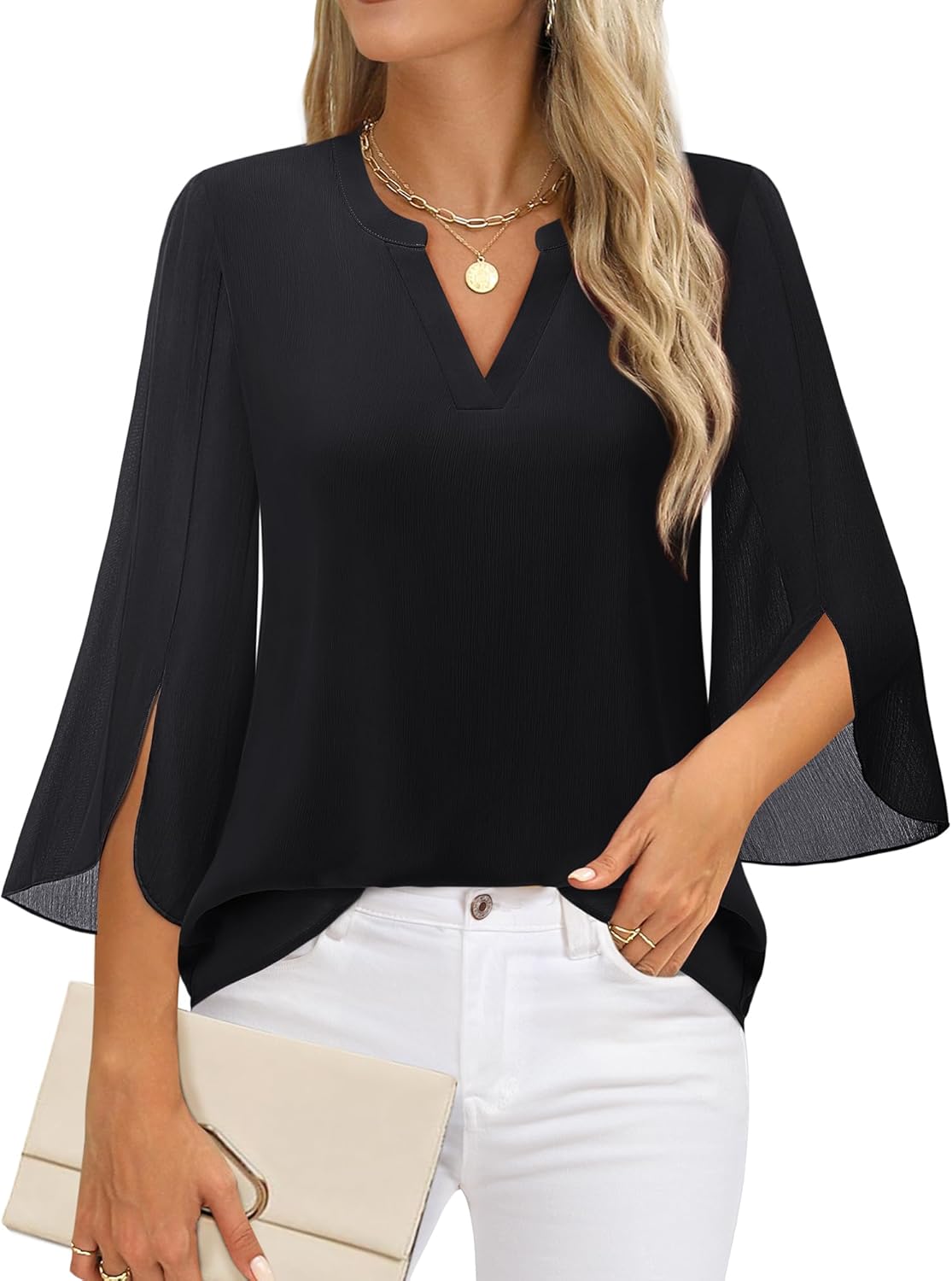 Timeson Women's 3/4 Sleeve Chiffon Blouse Shirt V Neck Dressy Tunic Tops