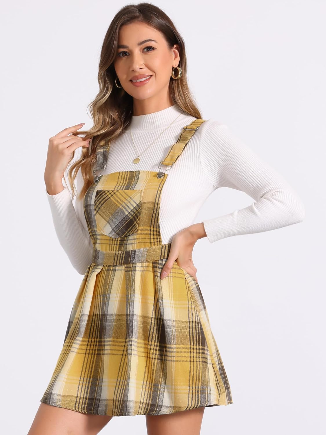 Allegra K Women's Plaid Overall Dress Cute Checkered A-Line Bib Pinafore Mini Short Skirts - Image 2
