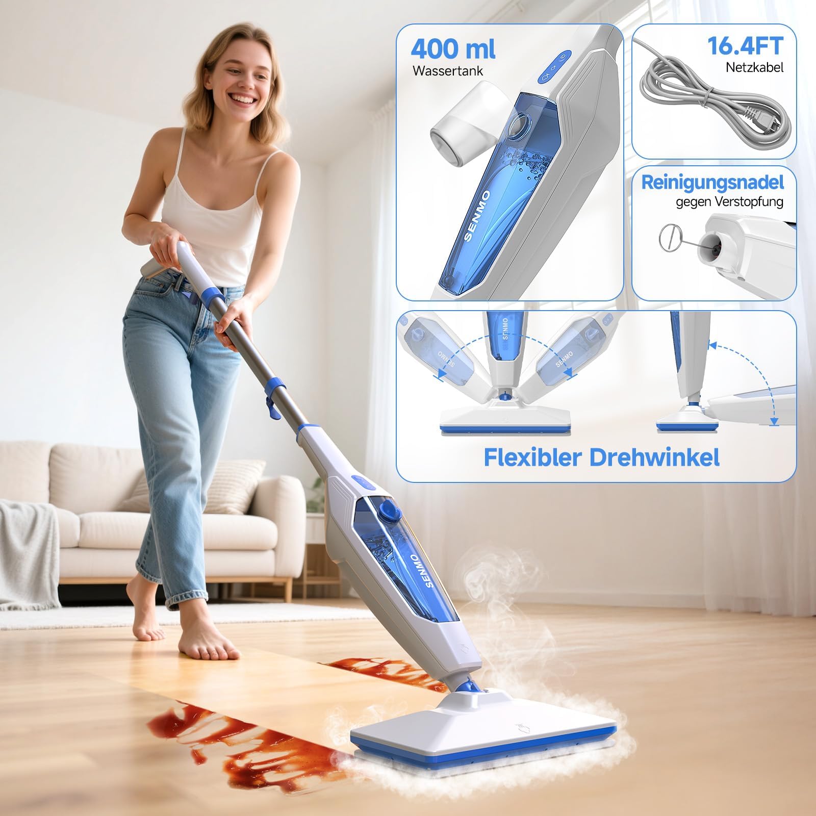 SENMO Dampfreiniger 10-in-1 mit abnehmbarem Handdampfreiniger, 15 s Aufheizzeit, 230°F Heißdampf, als Dampfmop mit Zubehör & 2 Pads, für Böden, Parkett, Fliesen, Fugen, Teppich, Küche & Bad