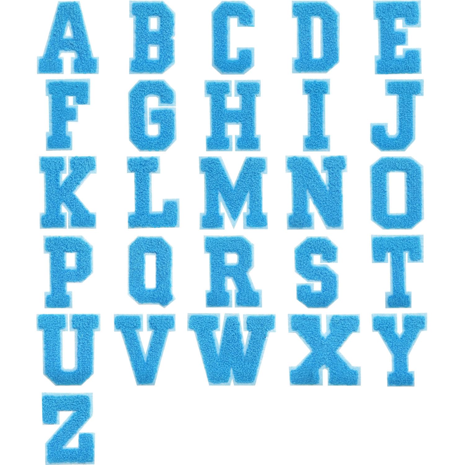mancyz 26-Piece Blue Chenille Letter Patches, A-Z Alphabet Iron-on Embroidered Appliques for Hats, Shirts, Jeans, Bags, Modern Style Garment Accessories
