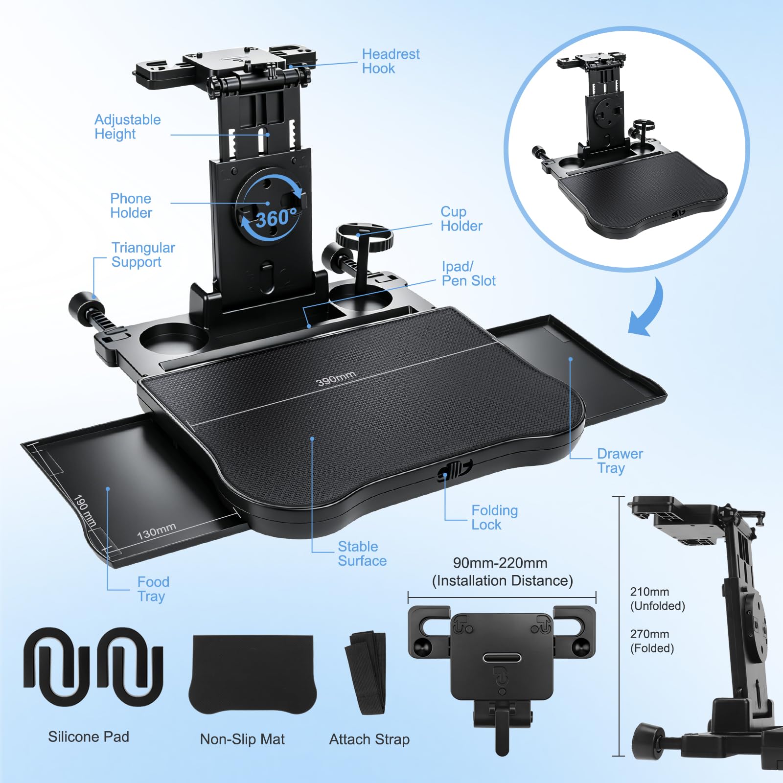 Tavolino Auto, Tavolo Da Pranzo Per Sedile Posteriore Passeggero con Portabicchieri e Supporto, Telescopico, Pieghevole, per Bambini, Viaggi, Lavoro, Pasti (Portata 20kg)